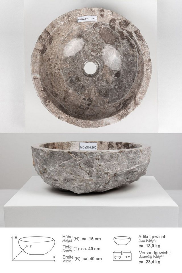 wohnfreuden Aufsatzwaschbecken Erosi Marmor Waschbecken 40 cm grau (Kein Set), 125883_MDaS10.160