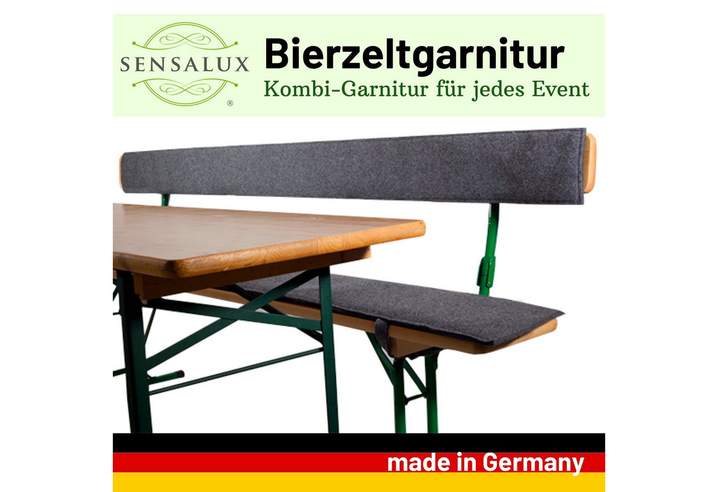 Sensalux Bankauflage Bierbankauflage + Rückenpolster, (2er Set, Bank: Grau-Grau, Rücken: Grau-Grau, 4 St., Länge: 120cm Bank: Grau-Grau, Rücken: Grau-Grau), Schnelles einfaches Anbringen, Flexibel einsetzbar, Klettverschluss Bild 5