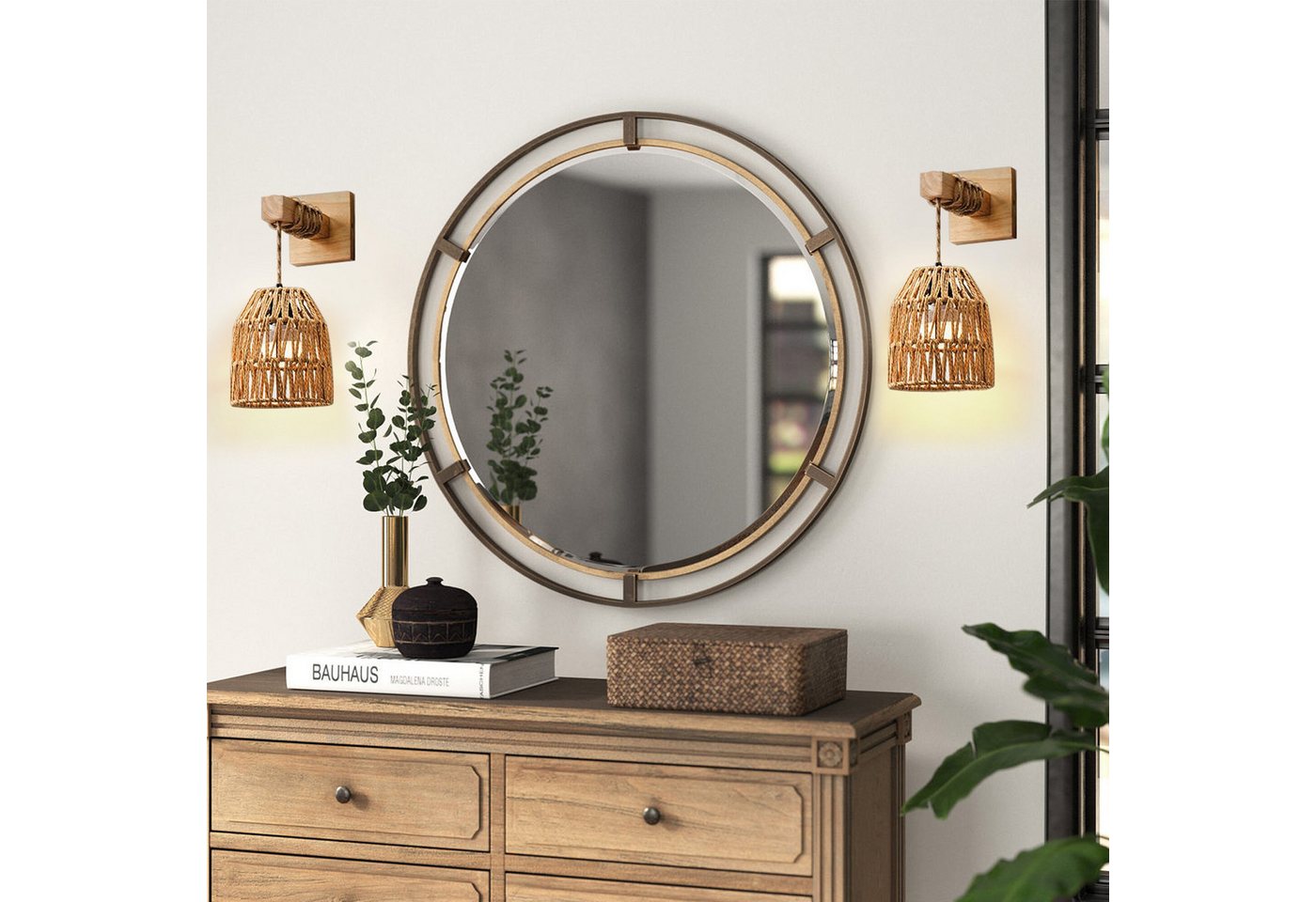 LMaxhome LED Wandleuchte Vintage Wandlampe Innen mit Fernbedienung, Rattan Boho Lampenschirm, 2St., LED wechselbar, 3000 K/4500 K/6500 K und RGB-Farbe, mit E27 Wiederaufladbarer Dimmbar Glühbirne für Schlafzimmer Flur