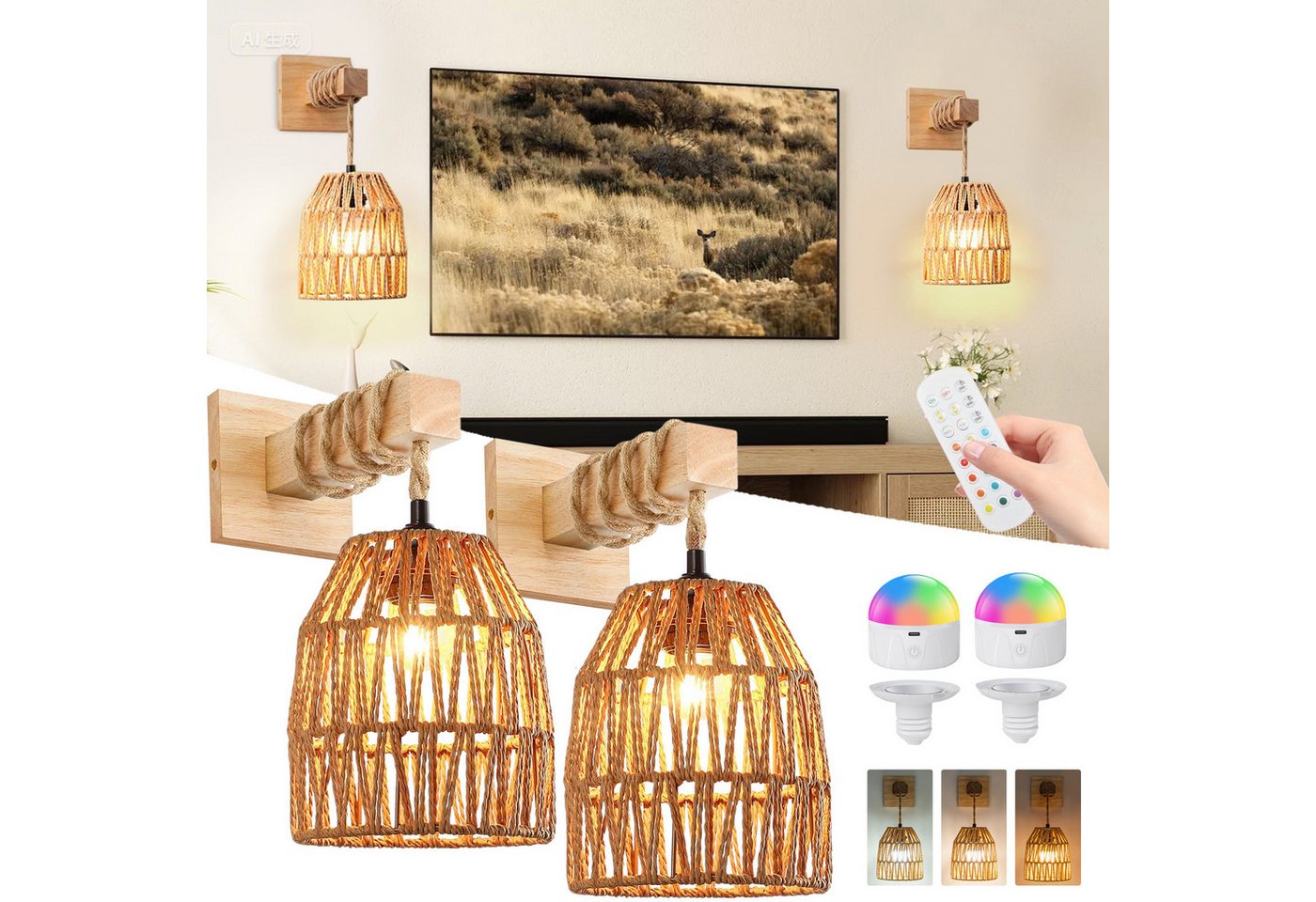 LMaxhome LED Wandleuchte Vintage Wandlampe Innen mit Fernbedienung, Rattan Boho Lampenschirm, 2St., LED wechselbar, 3000 K/4500 K/6500 K und RGB-Farbe, mit E27 Wiederaufladbarer Dimmbar Glühbirne für Schlafzimmer Flur Bild 2
