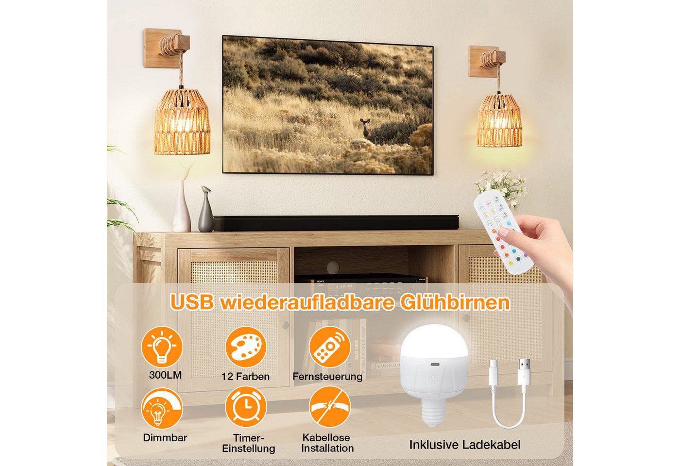 LMaxhome LED Wandleuchte Vintage Wandlampe Innen mit Fernbedienung, Rattan Boho Lampenschirm, 2St., LED wechselbar, 3000 K/4500 K/6500 K und RGB-Farbe, mit E27 Wiederaufladbarer Dimmbar Glühbirne für Schlafzimmer Flur Bild 3