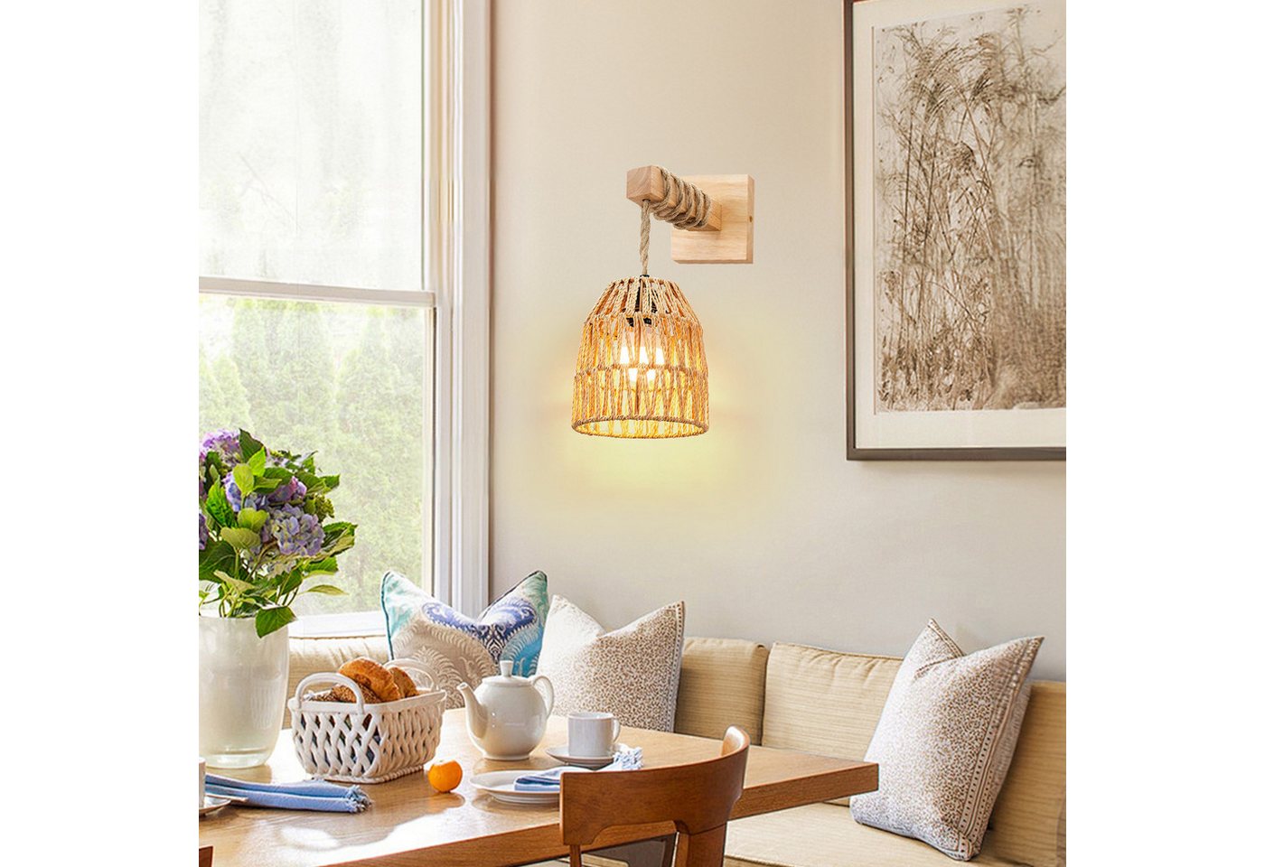 LMaxhome LED Wandleuchte Vintage Wandlampe Innen mit Fernbedienung, Rattan Boho Lampenschirm, 2St., LED wechselbar, 3000 K/4500 K/6500 K und RGB-Farbe, mit E27 Wiederaufladbarer Dimmbar Glühbirne für Schlafzimmer Flur Bild 4