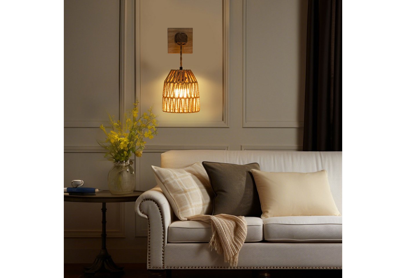 LMaxhome LED Wandleuchte Vintage Wandlampe Innen mit Fernbedienung, Rattan Boho Lampenschirm, 2St., LED wechselbar, 3000 K/4500 K/6500 K und RGB-Farbe, mit E27 Wiederaufladbarer Dimmbar Glühbirne für Schlafzimmer Flur Bild 5