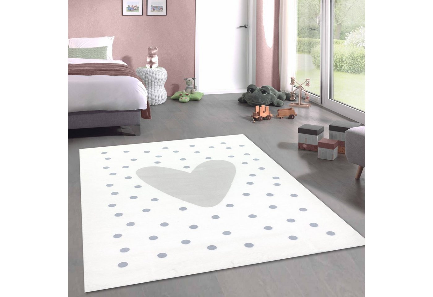 Carpetia Kinderteppich Kinderzimmer-Teppich mit Herz-Pünktchen creme grau, rechteckig, Höhe: 18 mm Bild 5