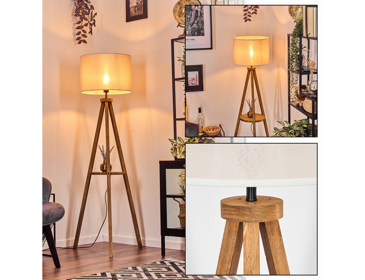 hofstein Stehlampe Stehlampe aus Holz/Stoff in Natur/Beige/Weiß, Leuchte im Boho-Style, ohne Leuchtmittel, skandinavisches Design (40 cm), Fußschalter u. Ablagefläche, 1 x E27 Bild 2