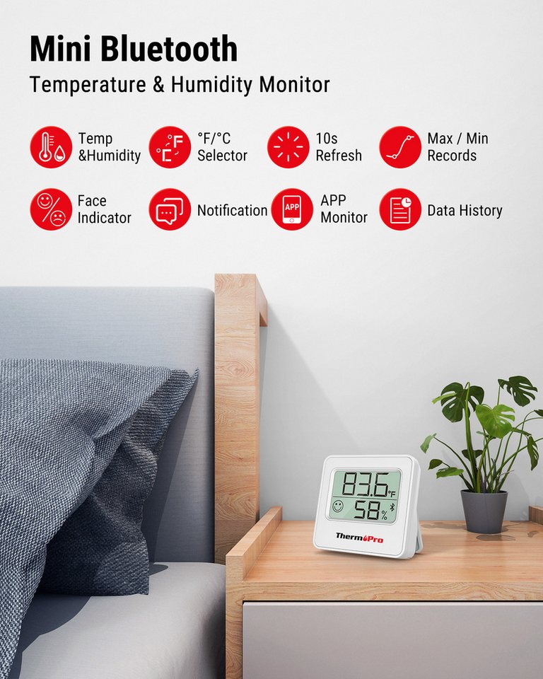 ThermoPro Hygrometer TP357 Bluetooth Thermo-Hygrometer, (1-St), Bluetooth-Thermo-Hygrometer mit App, 80 m Reichweite, Alarm Bild 5