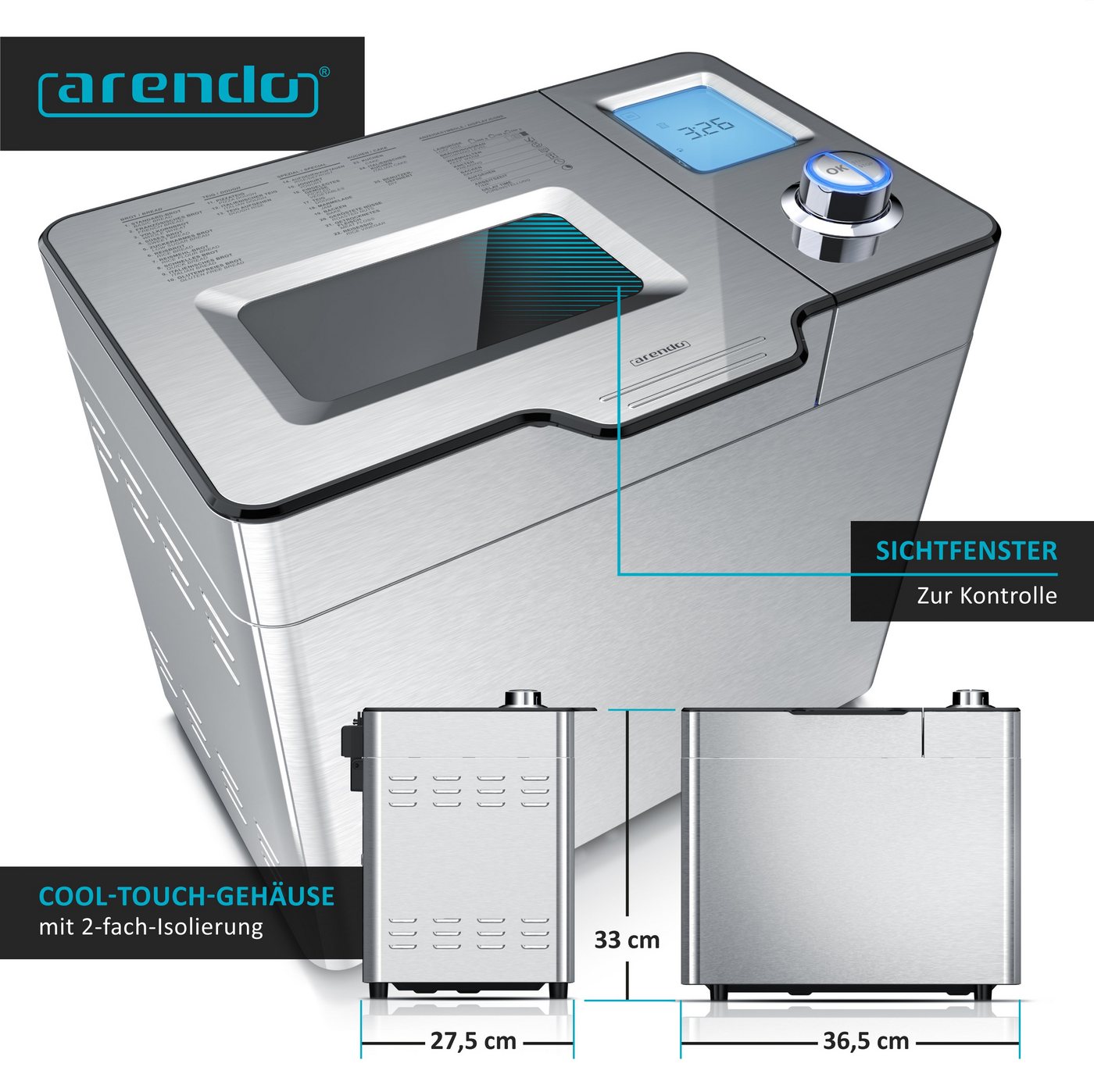 Arendo Brotbackautomat Brotbackautomat 25 Programme, 1kg Kapazität, automatisches Zutatenfach, 25 Programme, 550 W, glutenfreies Backen, Joghurtfunktion, BPA-frei, Direktantrieb