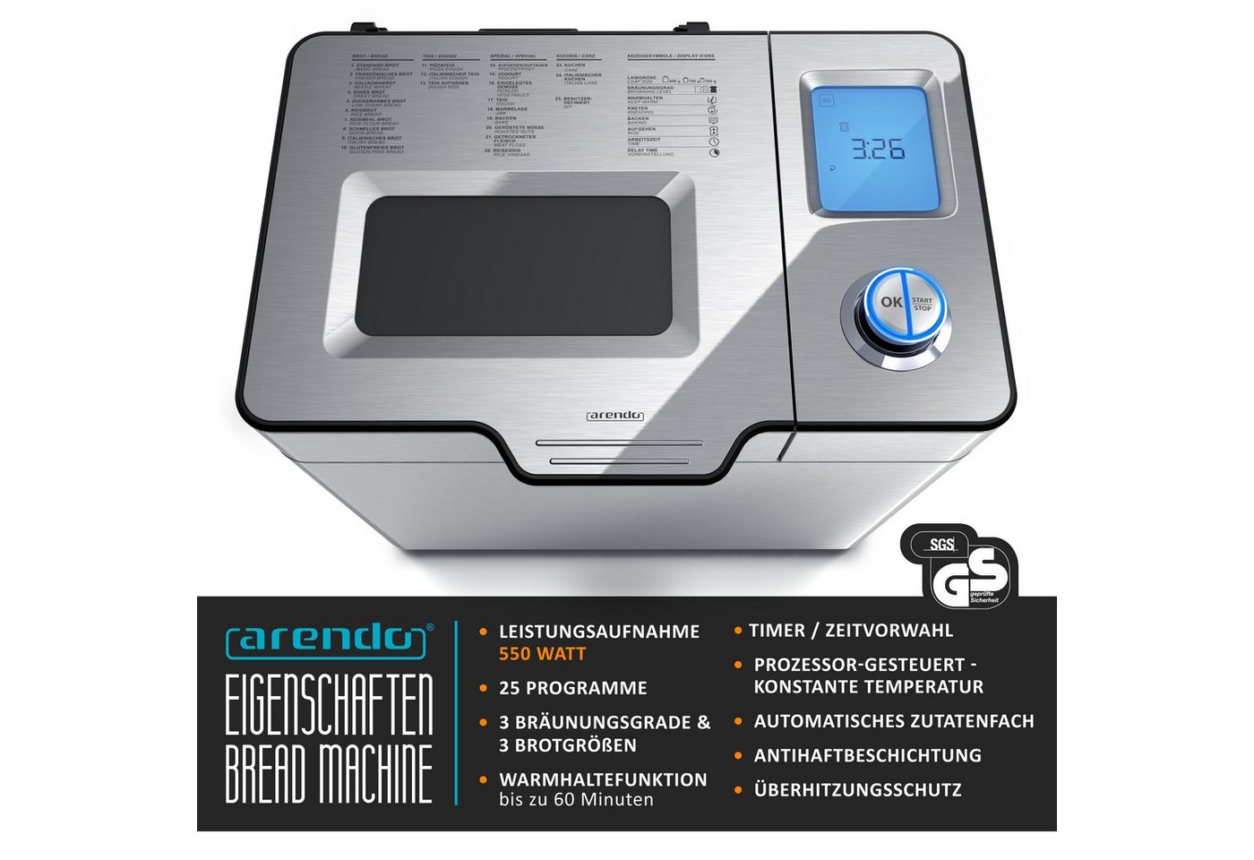 Arendo Brotbackautomat Brotbackautomat 25 Programme, 1kg Kapazität, automatisches Zutatenfach, 25 Programme, 550 W, glutenfreies Backen, Joghurtfunktion, BPA-frei, Direktantrieb Bild 2
