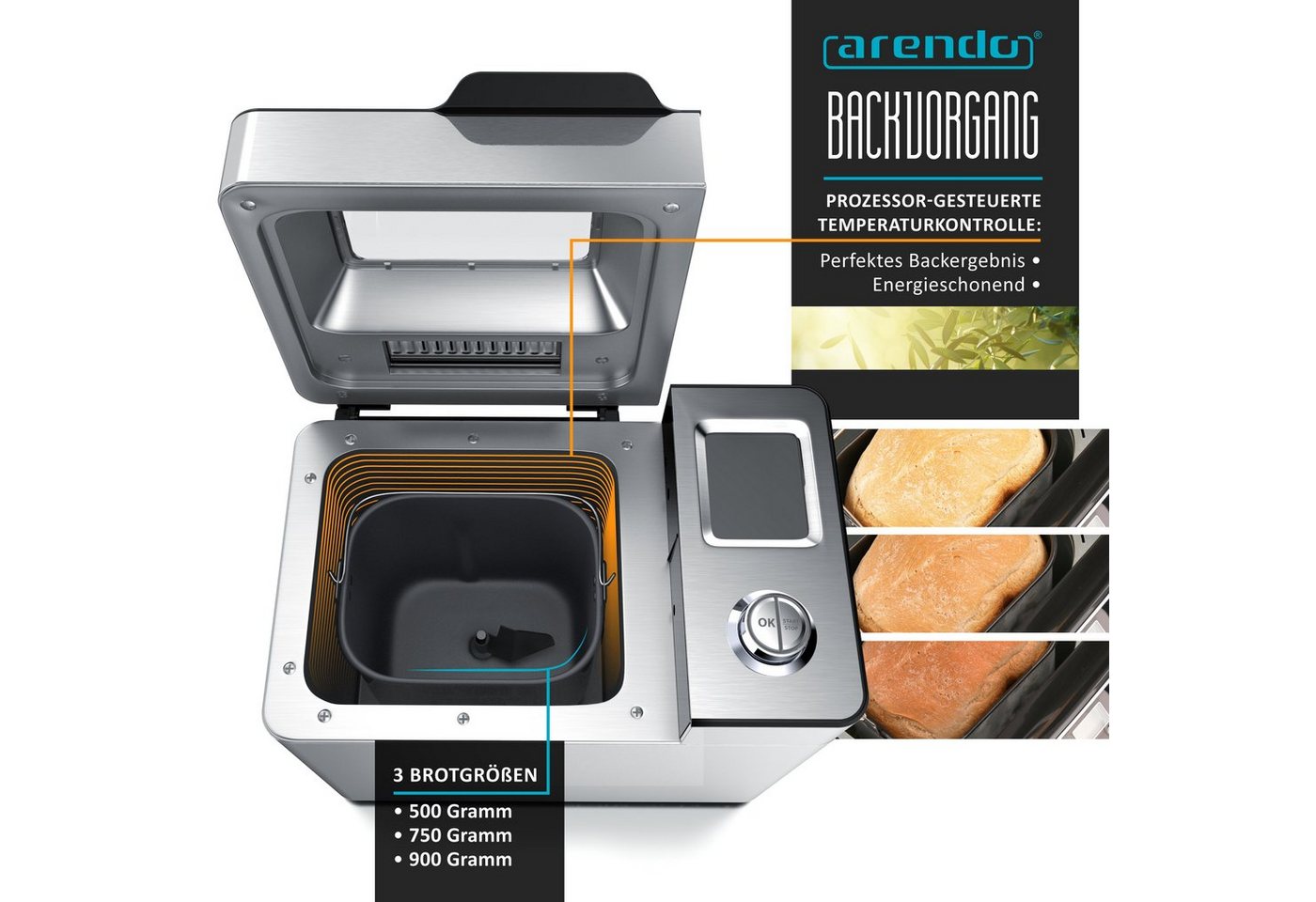 Arendo Brotbackautomat Brotbackautomat 25 Programme, 1kg Kapazität, automatisches Zutatenfach, 25 Programme, 550 W, glutenfreies Backen, Joghurtfunktion, BPA-frei, Direktantrieb Bild 3