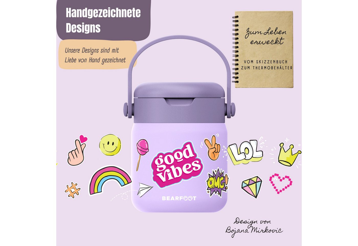 BEARFOOT Trinkflasche Thermobehälter Kinder Edelstahl - Sticker lila, Thermobehälter, auslaufsicher, Edelstahl, Food jar, BPA-frei Bild 3