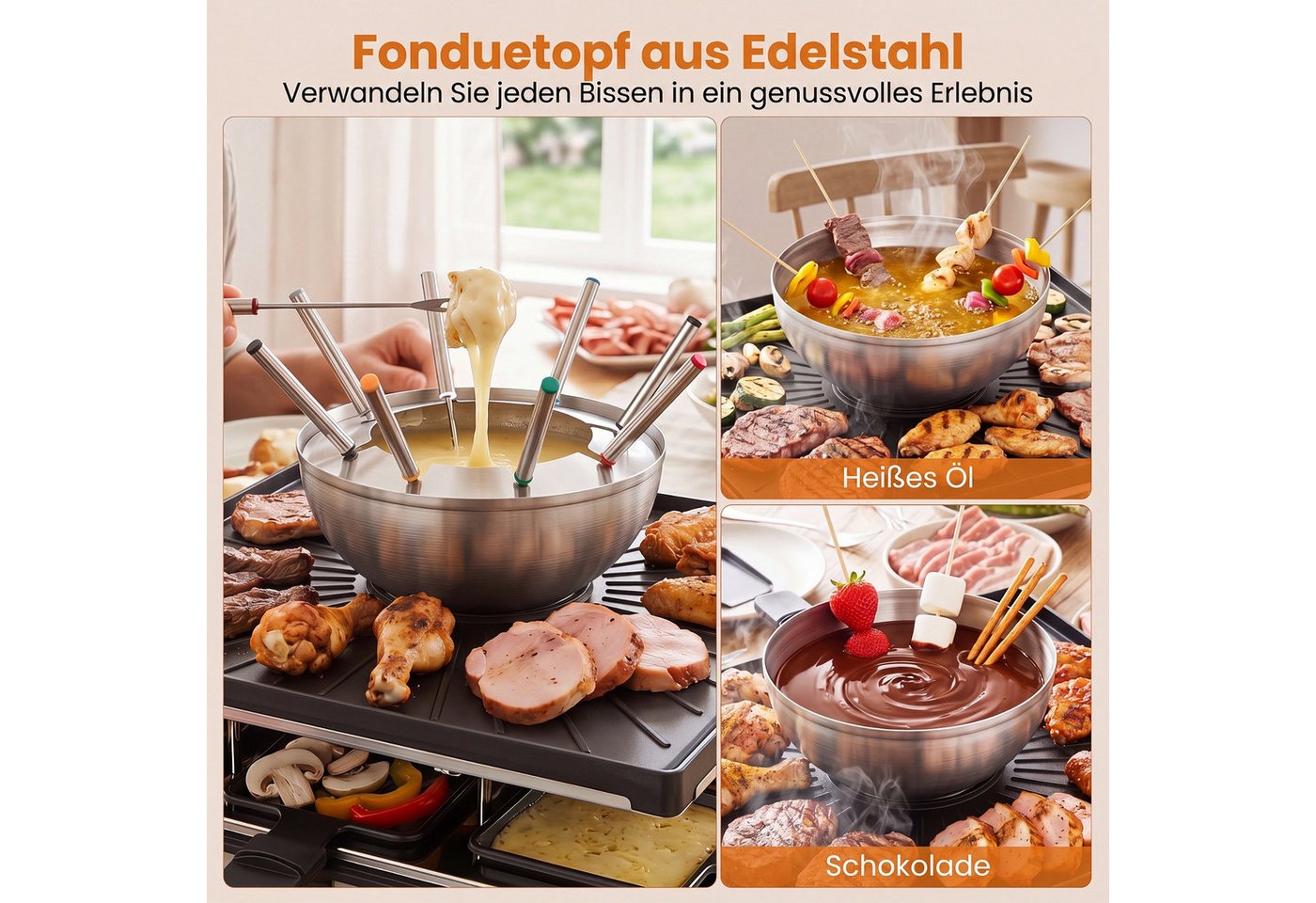 COSTWAY Raclette Grill Elektrogrill mit Fondue, 8 Raclettepfännchen, 2200 W, doppelter Thermostate, Fondue Bild 2
