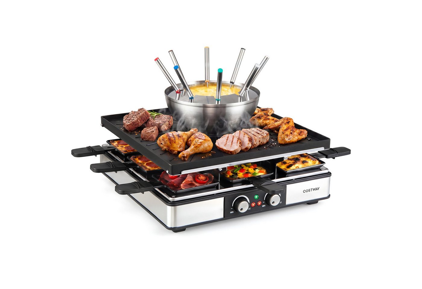 COSTWAY Raclette Grill Elektrogrill mit Fondue, 8 Raclettepfännchen, 2200 W, doppelter Thermostate, Fondue Bild 3