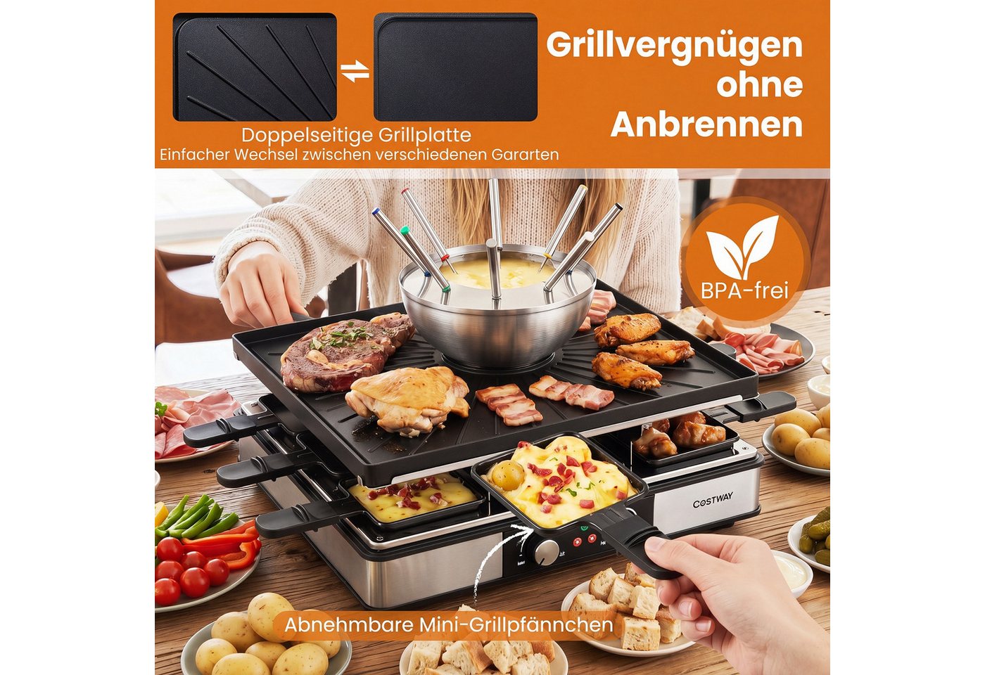 COSTWAY Raclette Grill Elektrogrill mit Fondue, 8 Raclettepfännchen, 2200 W, doppelter Thermostate, Fondue Bild 4