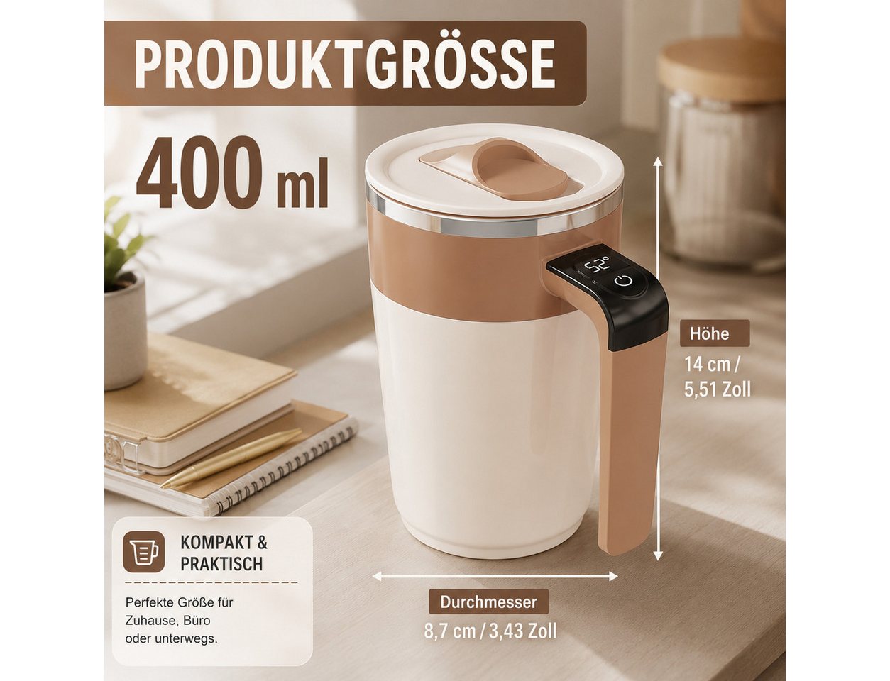 Luckice Akku-Stabmixer Elektrischer Rührbecher, BPA‑frei, Edelstahl‑Innenbehälter, 1 W, Magnetische automatische Rührfunktion ohne Löffel Bild 2