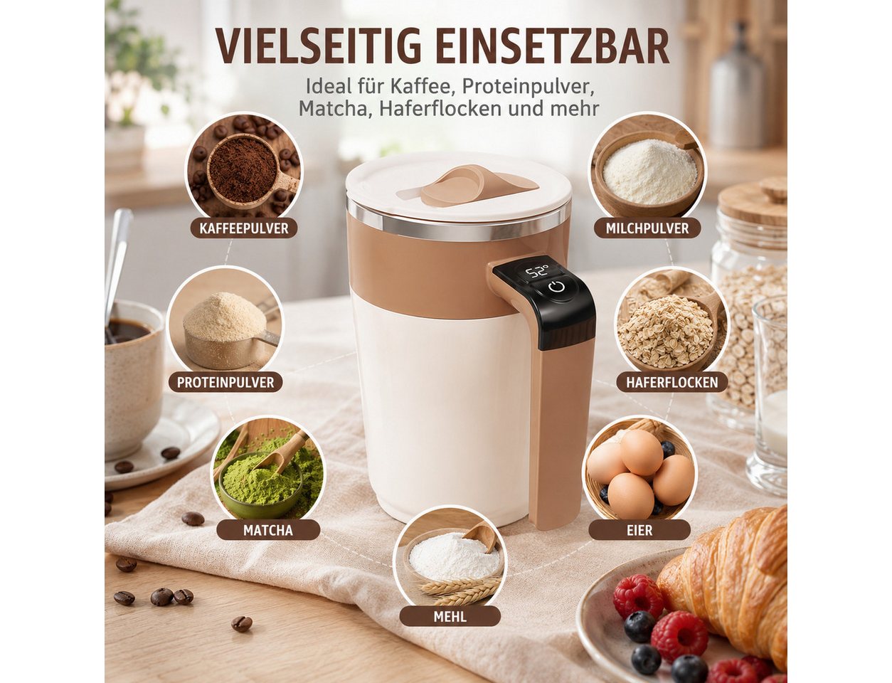 Luckice Akku-Stabmixer Elektrischer Rührbecher, BPA‑frei, Edelstahl‑Innenbehälter, 1 W, Magnetische automatische Rührfunktion ohne Löffel Bild 5