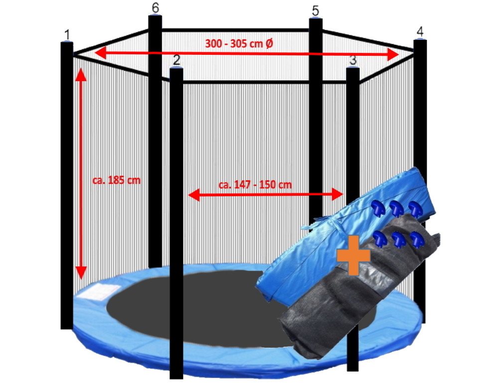walexo Gartentrampolin Trampolin Randabdeckung mit Sicherheitsnetz für 6 Stangen, Ø 305 cm