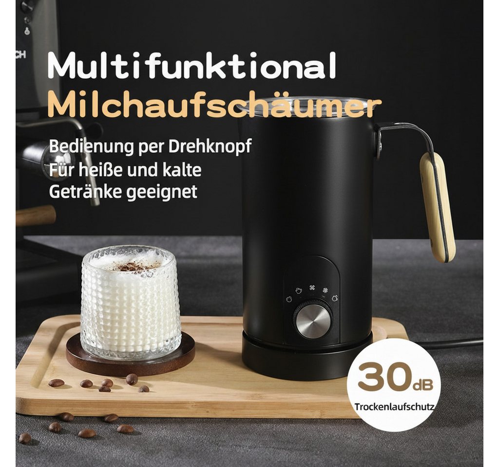 BBG Milchaufschäumer Elektrischer Milchaufschäumer mit Drehknopf, 5 Modi, Heiß & Kalt, 500 W, 350ml Milch erhitzen, 150ml Milchschaum, Leise 30dB