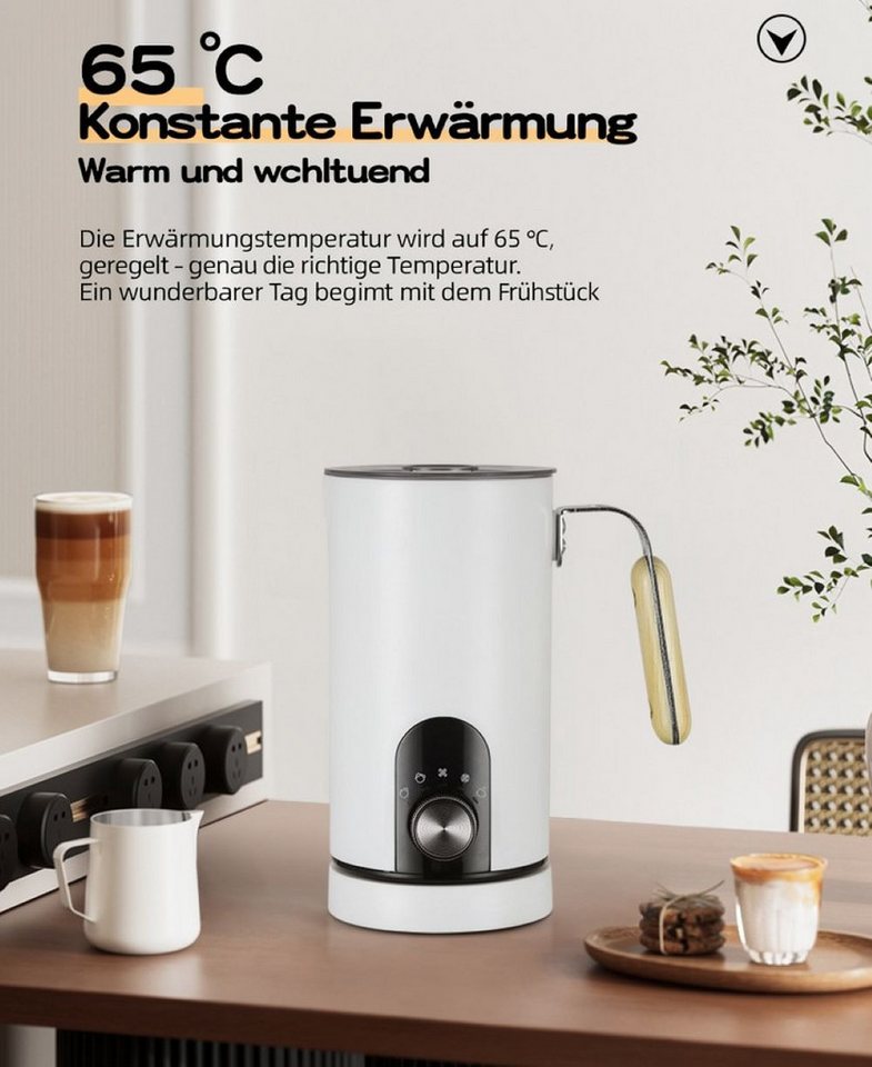 BBG Milchaufschäumer Elektrischer Milchaufschäumer mit Drehknopf, 5 Modi, Heiß & Kalt, 500 W, 350ml Milch erhitzen, 150ml Milchschaum, Leise 30dB Bild 3