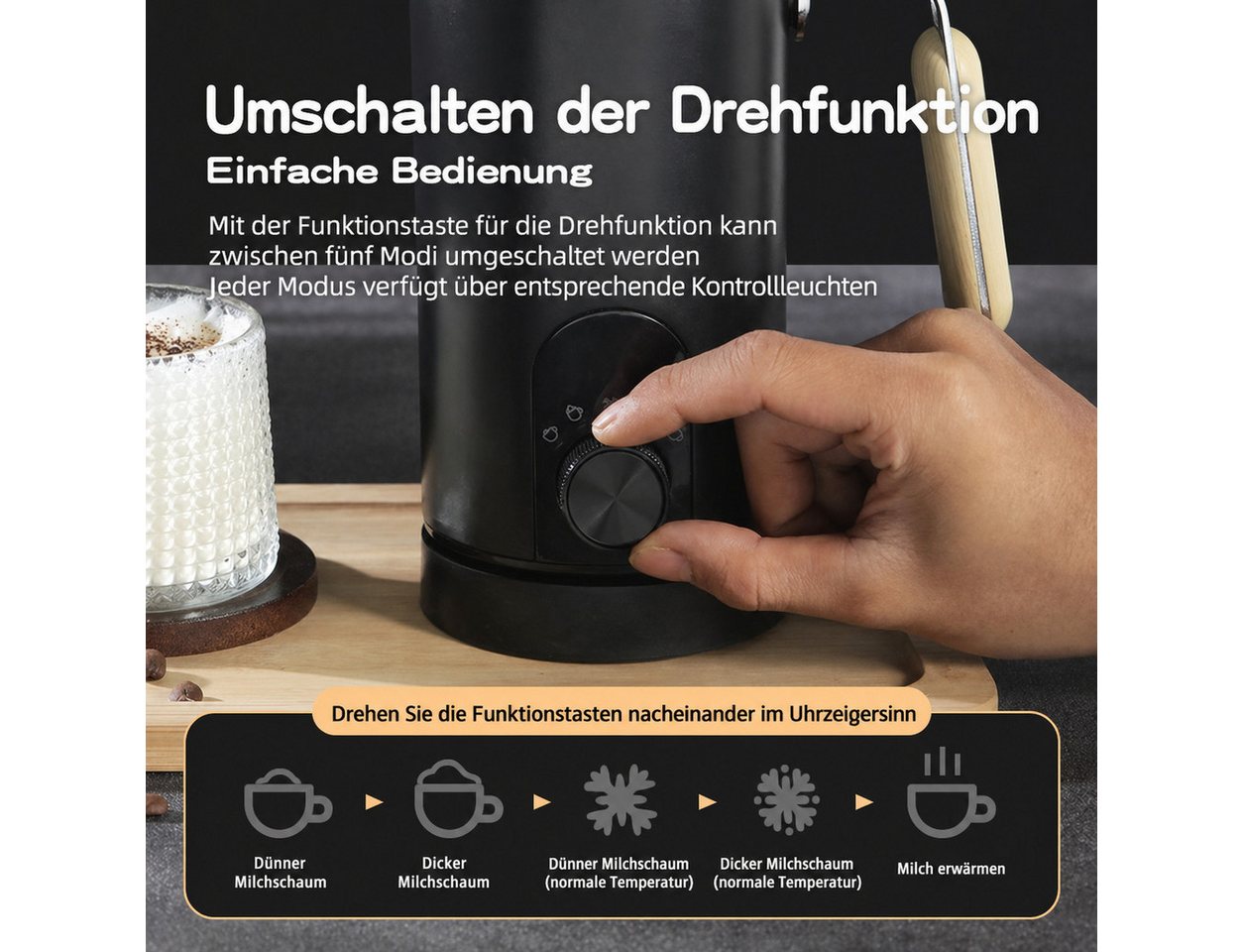 BBG Milchaufschäumer Elektrischer Milchaufschäumer mit Drehknopf, 5 Modi, Heiß & Kalt, 500 W, 350ml Milch erhitzen, 150ml Milchschaum, Leise 30dB Bild 4