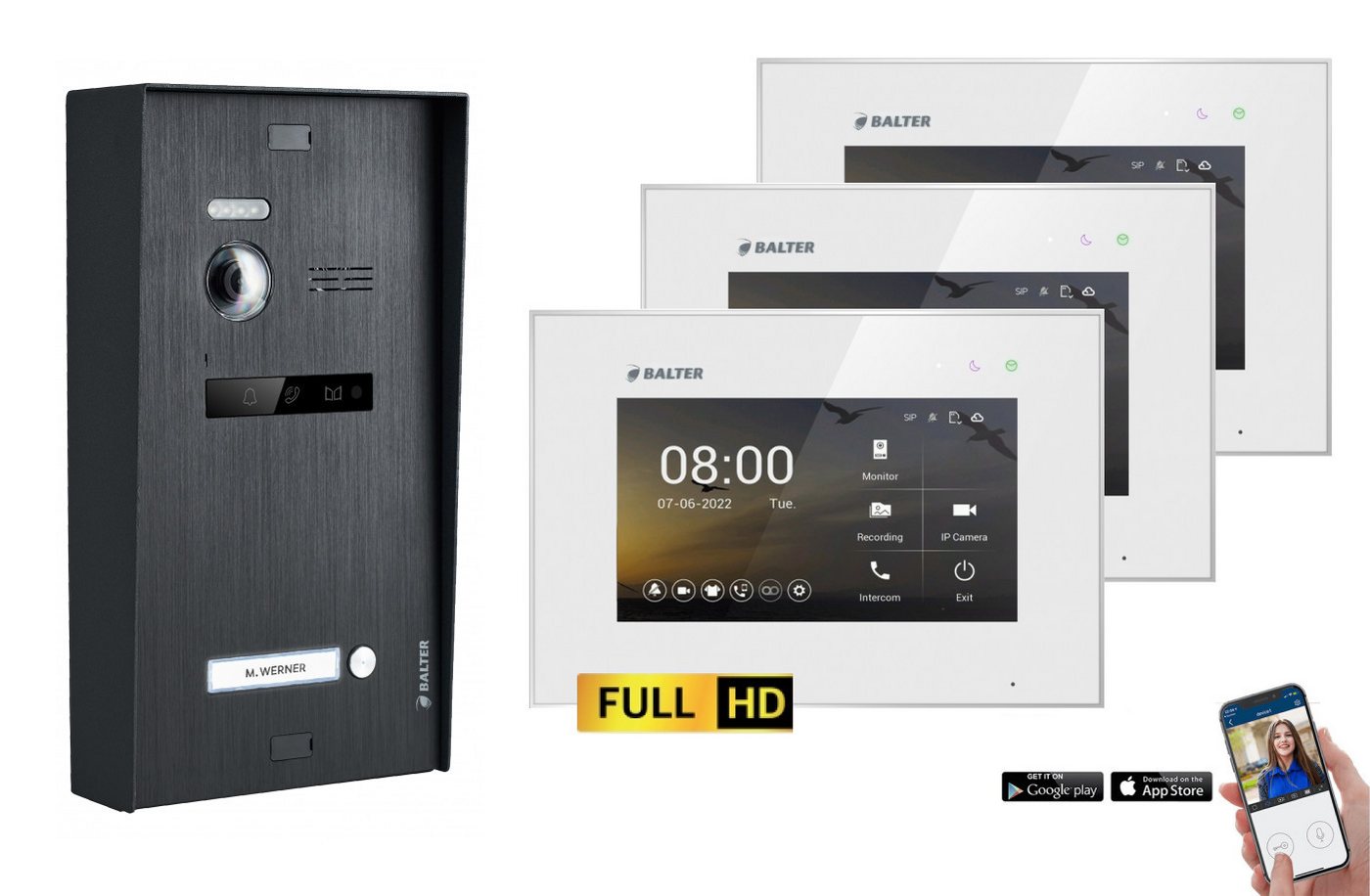 Balter Video-Türsprechanlage BALTER EVO-HD Aufputz Türsprechanlage 1-Familienhaus Schwarz Weiß (Set, 1-Familienhaus, Komplettset, Full HD 175° Kamera, App-Steuerung)