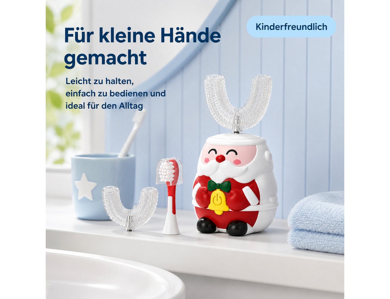 Lisabonde Elektrische Kinderzahnbürste U-Form Kinder Schallzahnbürste 360° Reinigung elektrisch IPX7, Aufsteckbürsten: 3 St., inkl. 3 Bürstenköpfe, 360° Reinigung,IPX7 wasserdicht,5 Putzmodi,60s intelligenter Timer