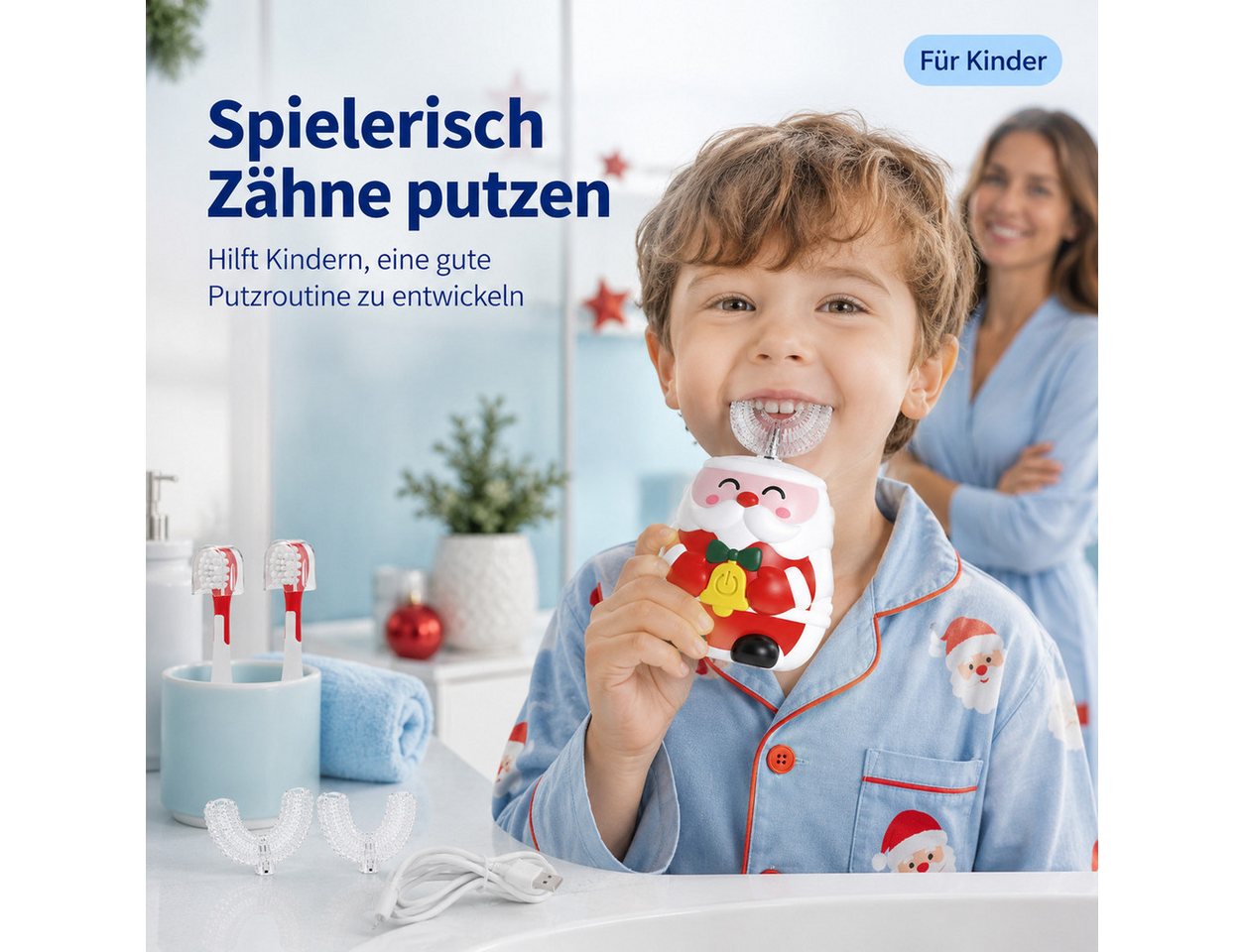 Lisabonde Elektrische Kinderzahnbürste U-Form Kinder Schallzahnbürste 360° Reinigung elektrisch IPX7, Aufsteckbürsten: 3 St., inkl. 3 Bürstenköpfe, 360° Reinigung,IPX7 wasserdicht,5 Putzmodi,60s intelligenter Timer Bild 2