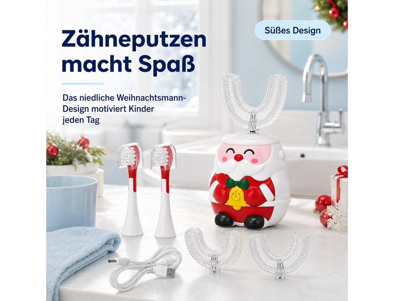 Lisabonde Elektrische Kinderzahnbürste U-Form Kinder Schallzahnbürste 360° Reinigung elektrisch IPX7, Aufsteckbürsten: 3 St., inkl. 3 Bürstenköpfe, 360° Reinigung,IPX7 wasserdicht,5 Putzmodi,60s intelligenter Timer Bild 4
