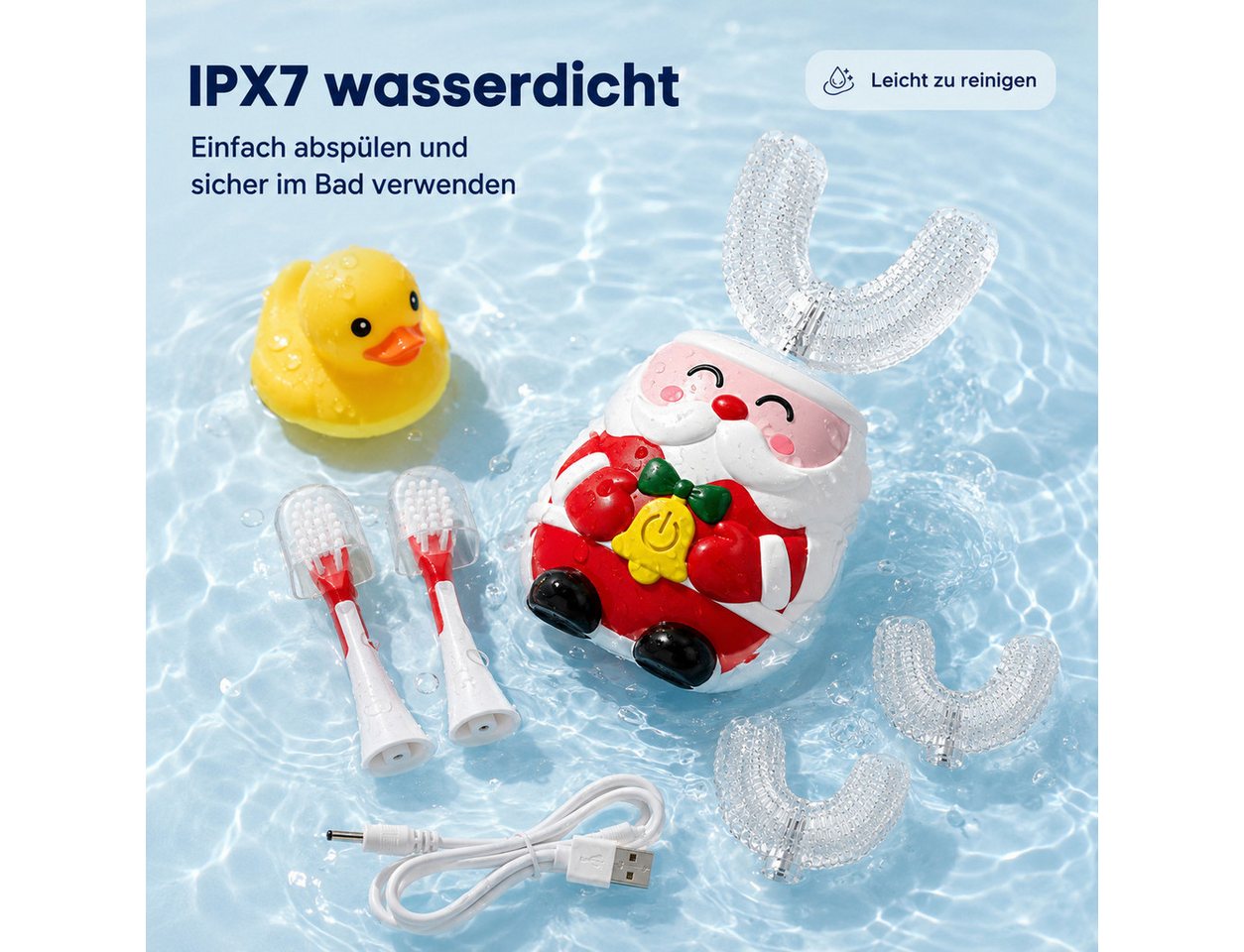 Lisabonde Elektrische Kinderzahnbürste U-Form Kinder Schallzahnbürste 360° Reinigung elektrisch IPX7, Aufsteckbürsten: 3 St., inkl. 3 Bürstenköpfe, 360° Reinigung,IPX7 wasserdicht,5 Putzmodi,60s intelligenter Timer Bild 5