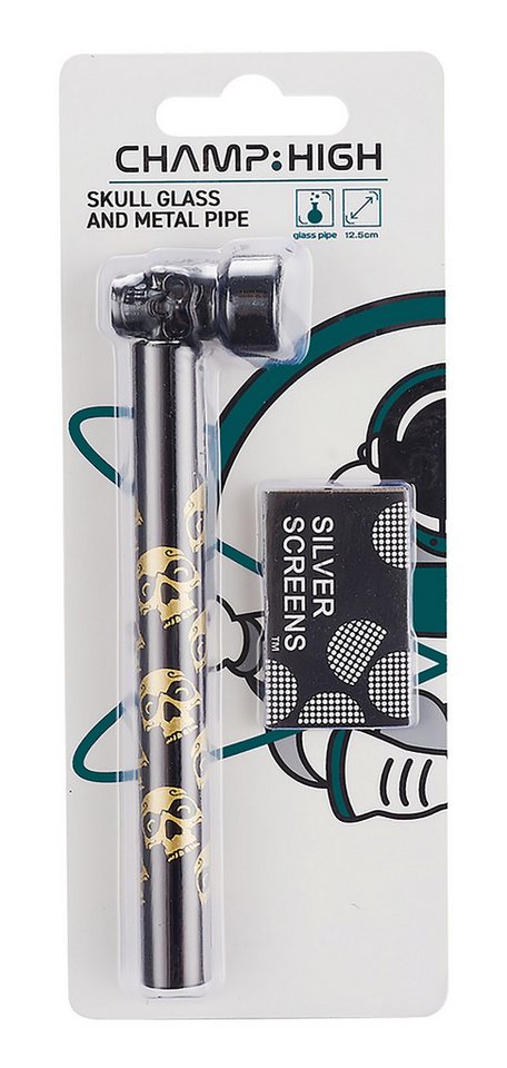 CHAMP HIGH Handpfeife TABAKPFEIFE SKULL 12,5cm aus Glas mit 5 Sieben Glaspfeife 386 (Gold), Rauchpfeife mini Pfeife Tabak Pipe Siebe