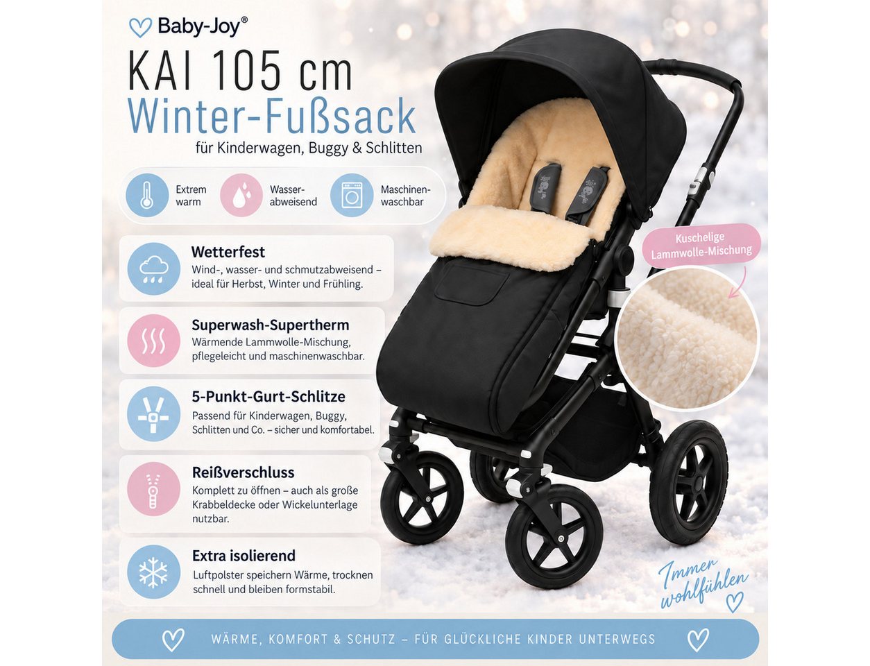Baby-Joy Fußsack KAI XL 105cm Lammwolle Winterfußsack Thermo Babyfußsack 6 Mon - 3 Jahr, Wetterfest, Thermo-warm und Ultraweich Bild 2