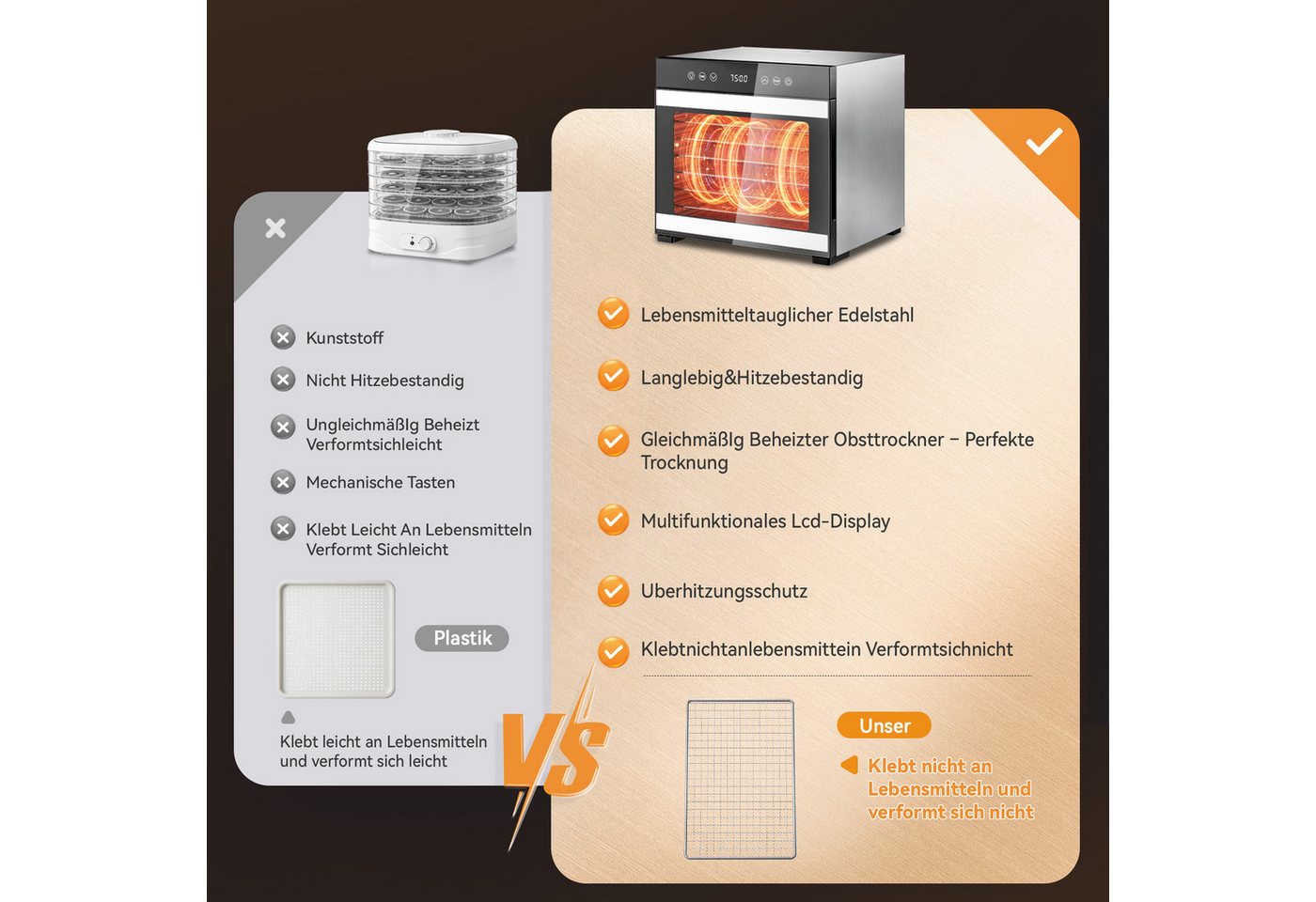 Furnicopia Dörrautomat Edelstahl Lebensmitteltrockner – 10 Tabletts, 48h, 850W 650 W, 8 Etagen, 360°-Umluft, 24-h-Warmhalten, für Obst, Jerky u. a., inkl. Rezeptbuch