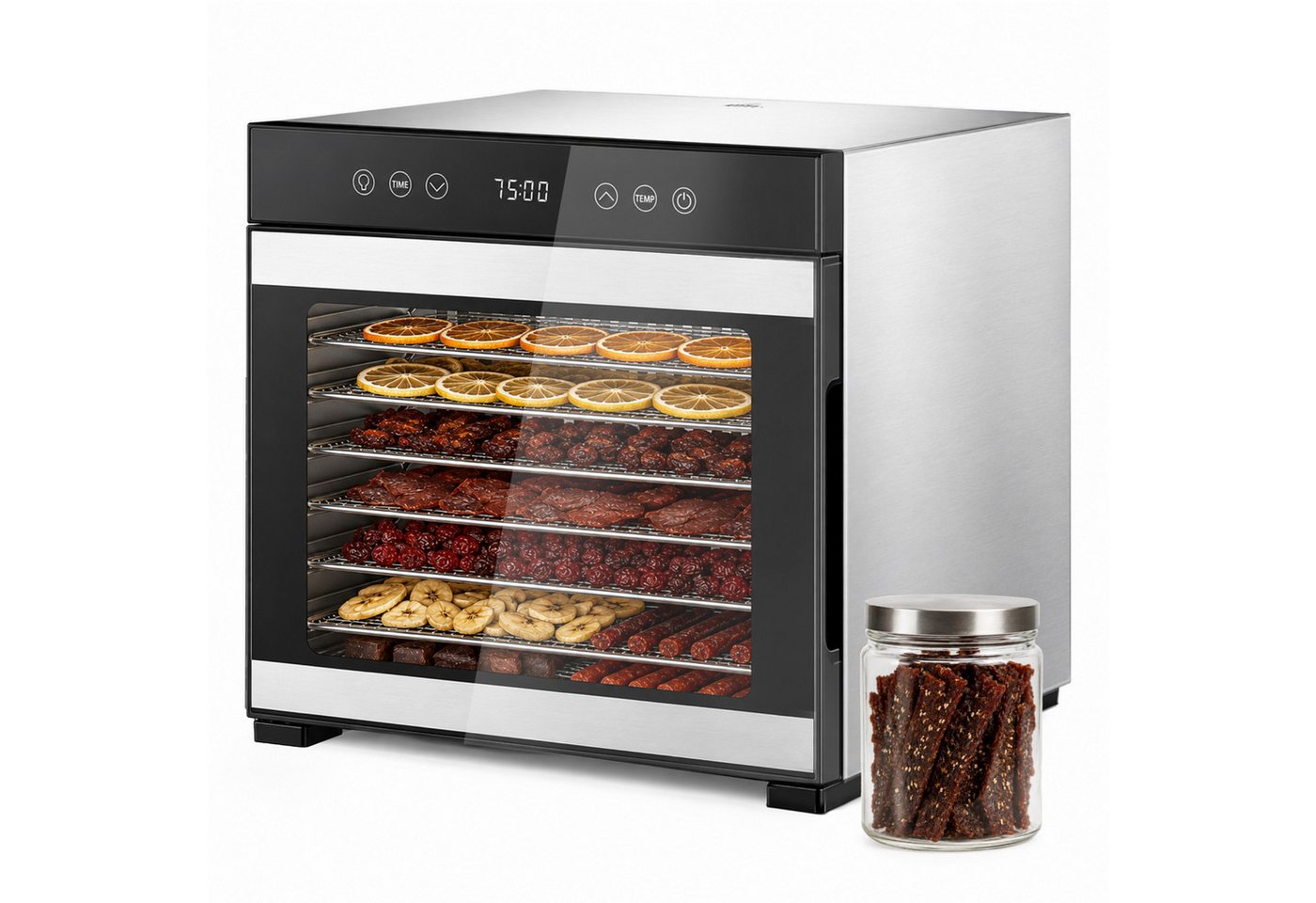 Furnicopia Dörrautomat Edelstahl Lebensmitteltrockner – 10 Tabletts, 48h, 850W 650 W, 8 Etagen, 360°-Umluft, 24-h-Warmhalten, für Obst, Jerky u. a., inkl. Rezeptbuch Bild 2