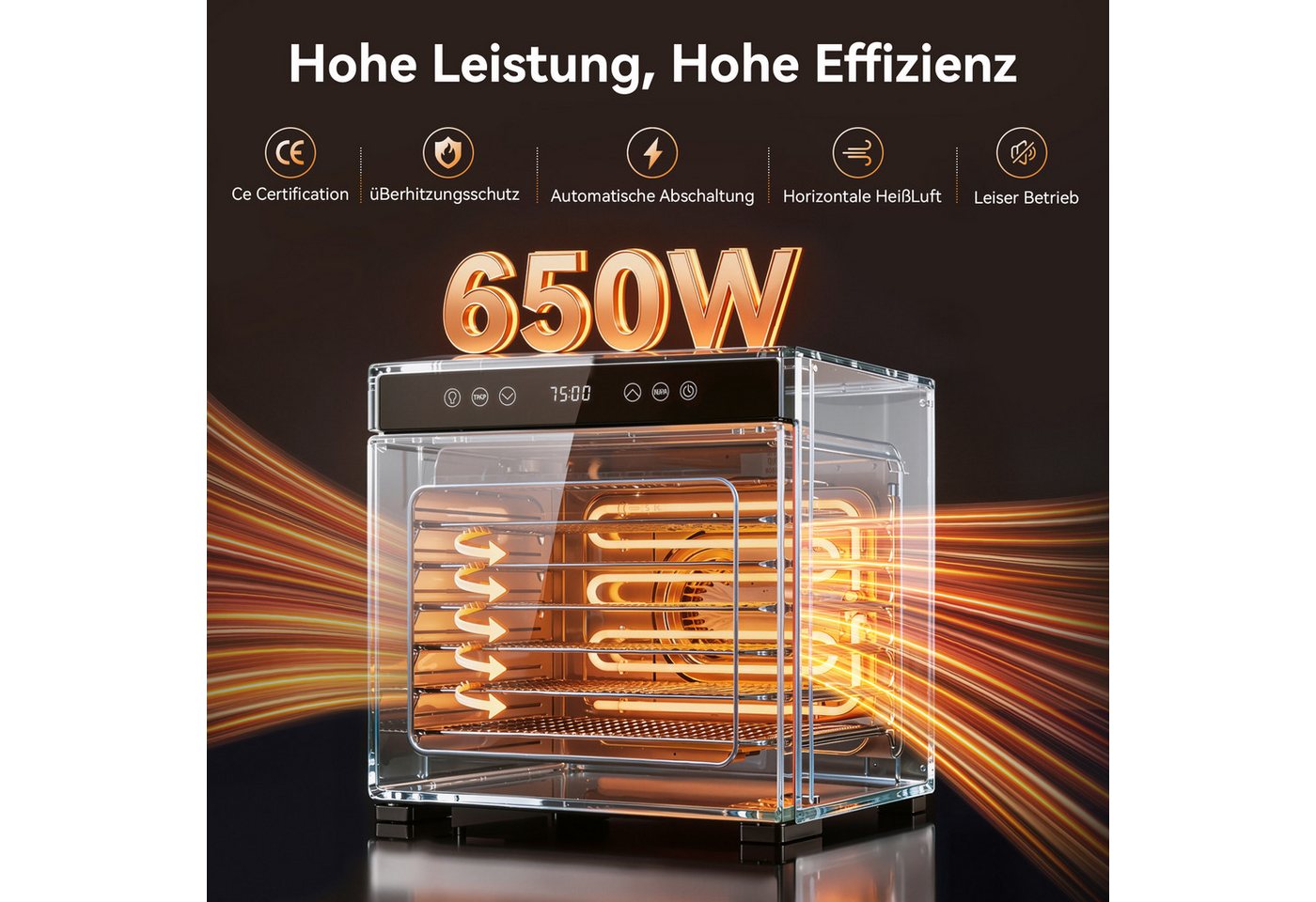 Furnicopia Dörrautomat Edelstahl Lebensmitteltrockner – 10 Tabletts, 48h, 850W 650 W, 8 Etagen, 360°-Umluft, 24-h-Warmhalten, für Obst, Jerky u. a., inkl. Rezeptbuch Bild 3