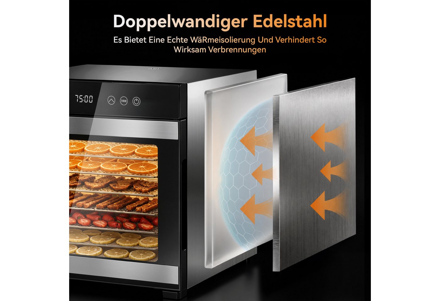Furnicopia Dörrautomat Edelstahl Lebensmitteltrockner – 10 Tabletts, 48h, 850W 650 W, 8 Etagen, 360°-Umluft, 24-h-Warmhalten, für Obst, Jerky u. a., inkl. Rezeptbuch Bild 4