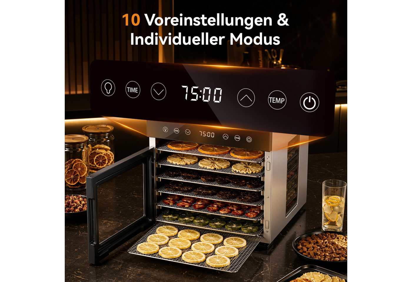 Furnicopia Dörrautomat Edelstahl Lebensmitteltrockner – 10 Tabletts, 48h, 850W 650 W, 8 Etagen, 360°-Umluft, 24-h-Warmhalten, für Obst, Jerky u. a., inkl. Rezeptbuch Bild 5