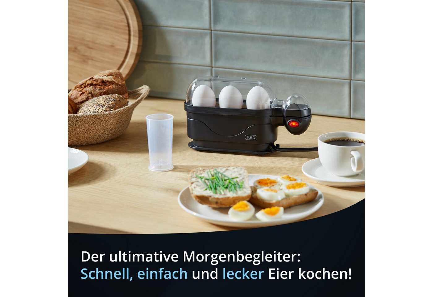 KHG Eierkocher für bis zu 3 Eier, inkl. Messbecher mit Nadel, Anzahl Eier: 3 St., 380 W, Aluminiumheizplatte, inkl. Kabelaufwicklung