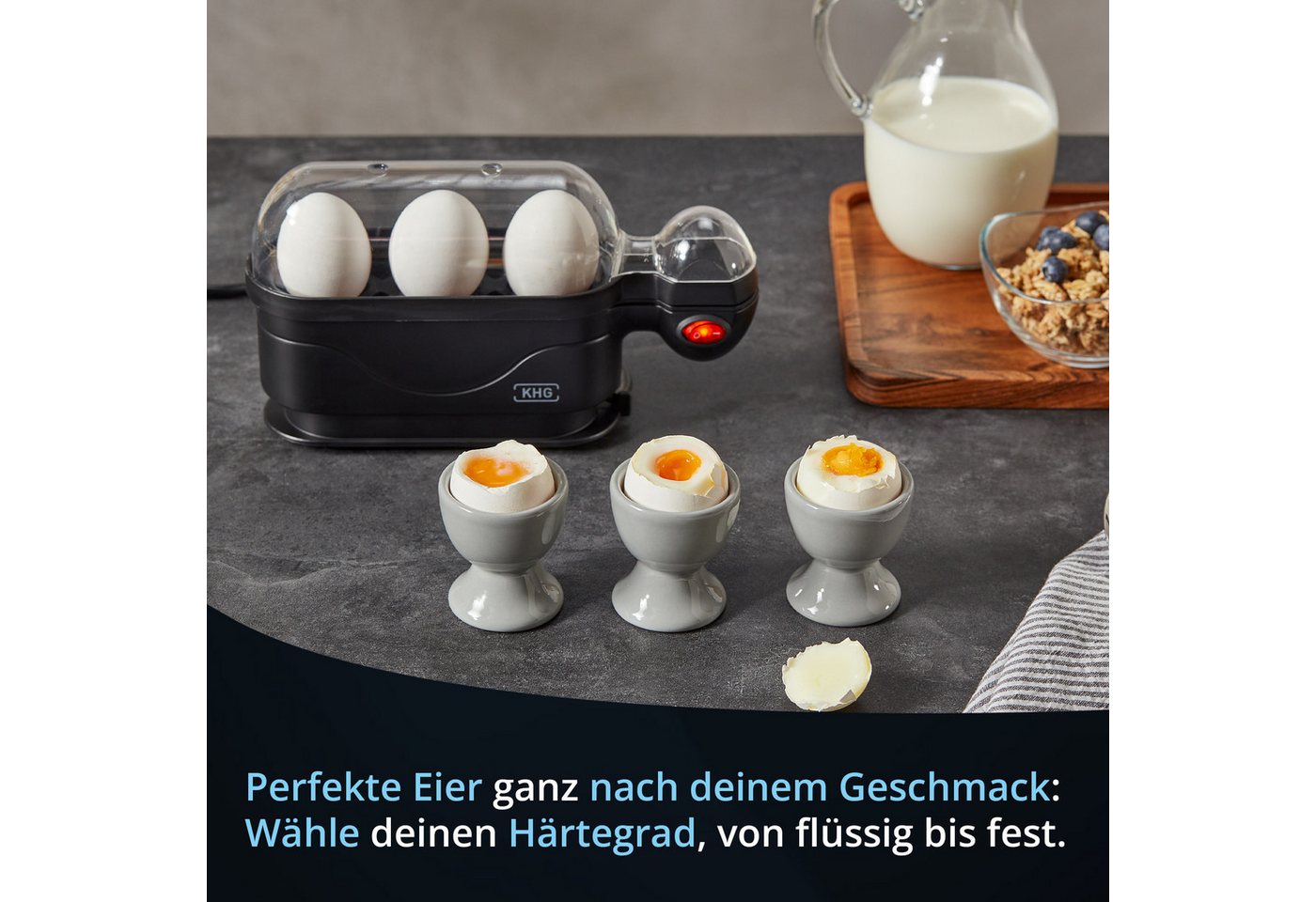 KHG Eierkocher für bis zu 3 Eier, inkl. Messbecher mit Nadel, Anzahl Eier: 3 St., 380 W, Aluminiumheizplatte, inkl. Kabelaufwicklung Bild 4