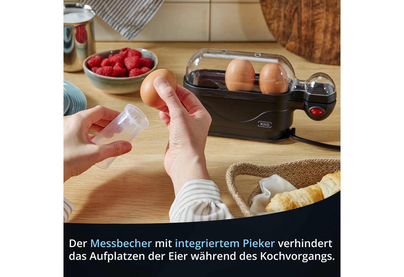 KHG Eierkocher für bis zu 3 Eier, inkl. Messbecher mit Nadel, Anzahl Eier: 3 St., 380 W, Aluminiumheizplatte, inkl. Kabelaufwicklung Bild 5