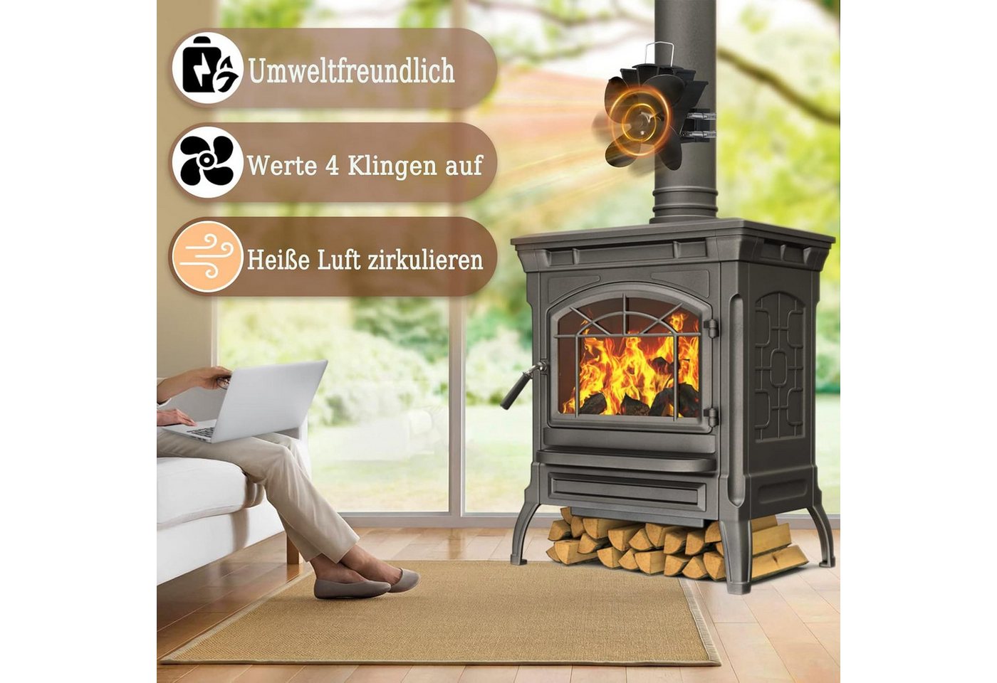FIVMEN Kaminventilator Ofenventilator Kaminventilator Hängender Kaminlüfter mit 4 Flügeln, Ventilator Heizbetriebener Ofenventilator für Holz, Ofenrohr, Kamin Bild 4