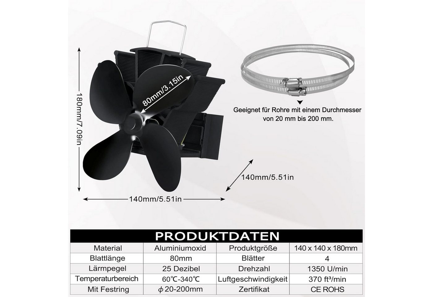 FIVMEN Kaminventilator Ofenventilator Kaminventilator Hängender Kaminlüfter mit 4 Flügeln, Ventilator Heizbetriebener Ofenventilator für Holz, Ofenrohr, Kamin Bild 5