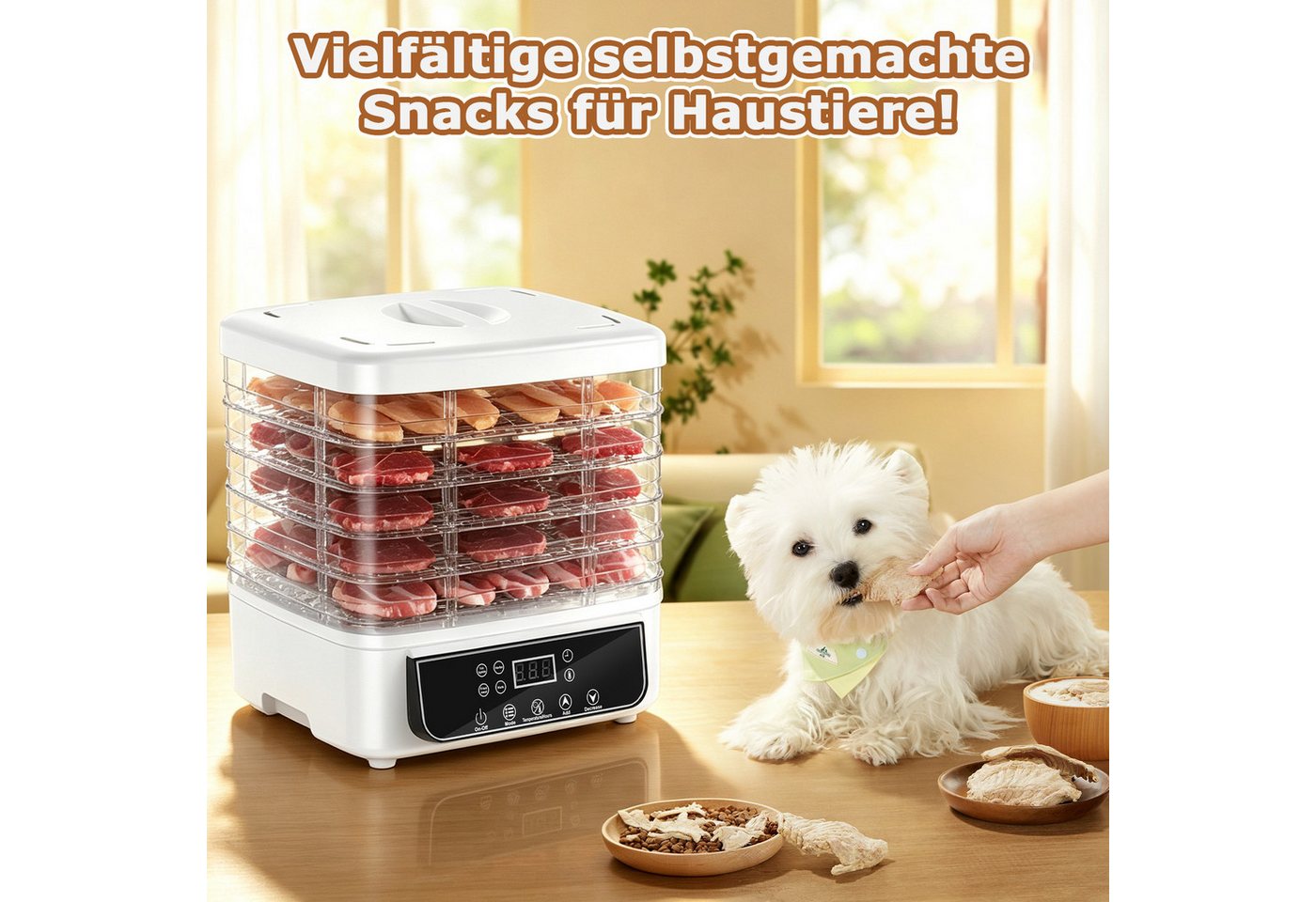 Fofile Dörrautomat Dörrautomat für Obst und Gemüse, Dörrgerät mit Temperaturregler 160 W, 6 Etagen, 48h-Timer, 6 Einlegefächer, 35–70 °C, Snack to go