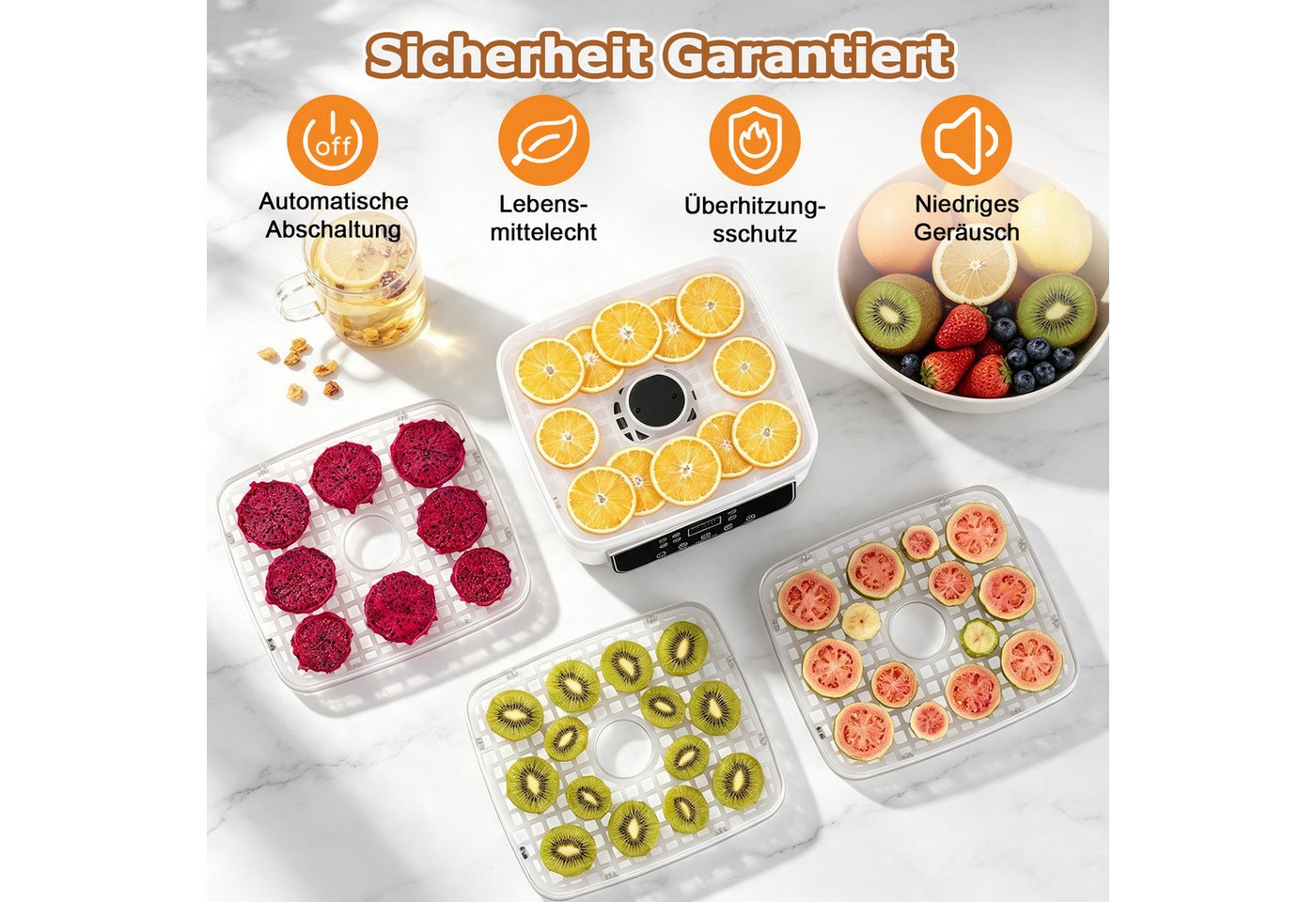 Fofile Dörrautomat Dörrautomat für Obst und Gemüse, Dörrgerät mit Temperaturregler 160 W, 6 Etagen, 48h-Timer, 6 Einlegefächer, 35–70 °C, Snack to go Bild 2