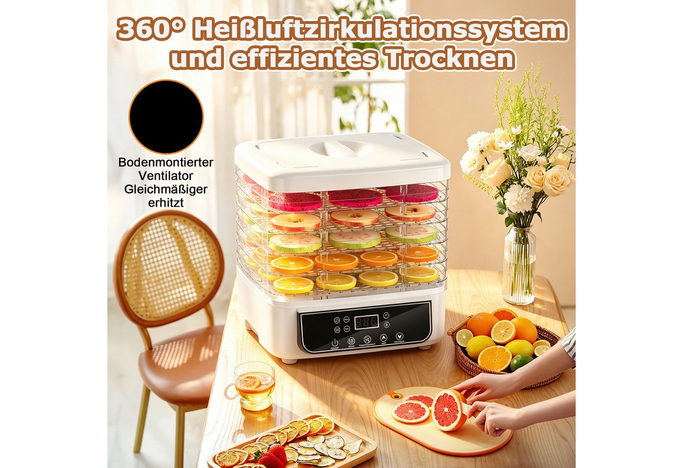 Fofile Dörrautomat Dörrautomat für Obst und Gemüse, Dörrgerät mit Temperaturregler 160 W, 6 Etagen, 48h-Timer, 6 Einlegefächer, 35–70 °C, Snack to go Bild 3