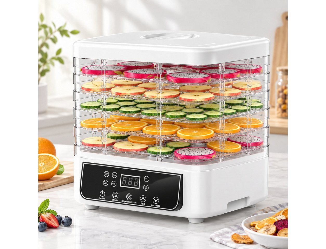 Fofile Dörrautomat Dörrautomat für Obst und Gemüse, Dörrgerät mit Temperaturregler 160 W, 6 Etagen, 48h-Timer, 6 Einlegefächer, 35–70 °C, Snack to go Bild 4