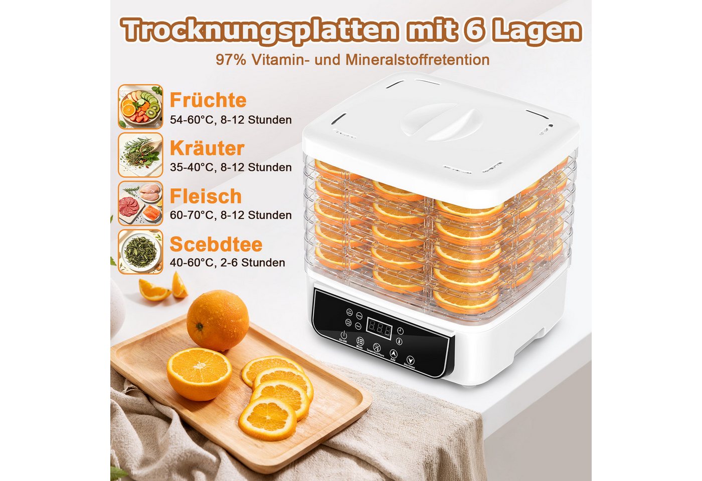 Fofile Dörrautomat Dörrautomat für Obst und Gemüse, Dörrgerät mit Temperaturregler 160 W, 6 Etagen, 48h-Timer, 6 Einlegefächer, 35–70 °C, Snack to go Bild 5