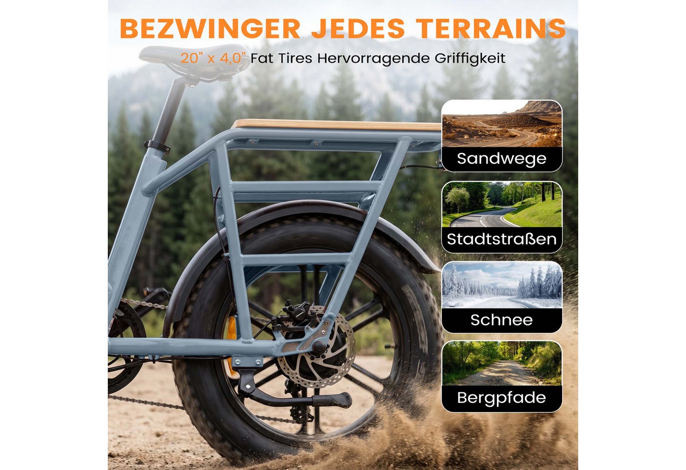 Vankel E-Bike Cityrad Cargo Damen u. Herren 20"x4" 720Wh 48V, max.100km Hydraulikbremsen, Kettenschaltung, Heckmotor, 720 Wh, (Beleuchtungsset mit Batterieladegerät, Batterieschlüssel, Werkzeug), Lasten-Elektrofahrrad mit Fat-Reifen, großem Transportträger