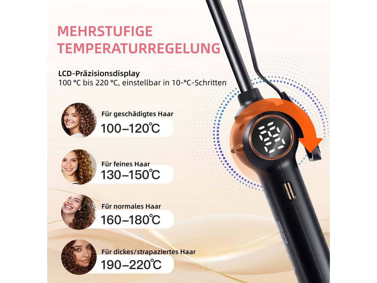 HATTEKER Lockenstab HT-121, 9 mm Lockenstab für kleine Locken, 13 Temperaturstufen 100–220 °C Bild 3