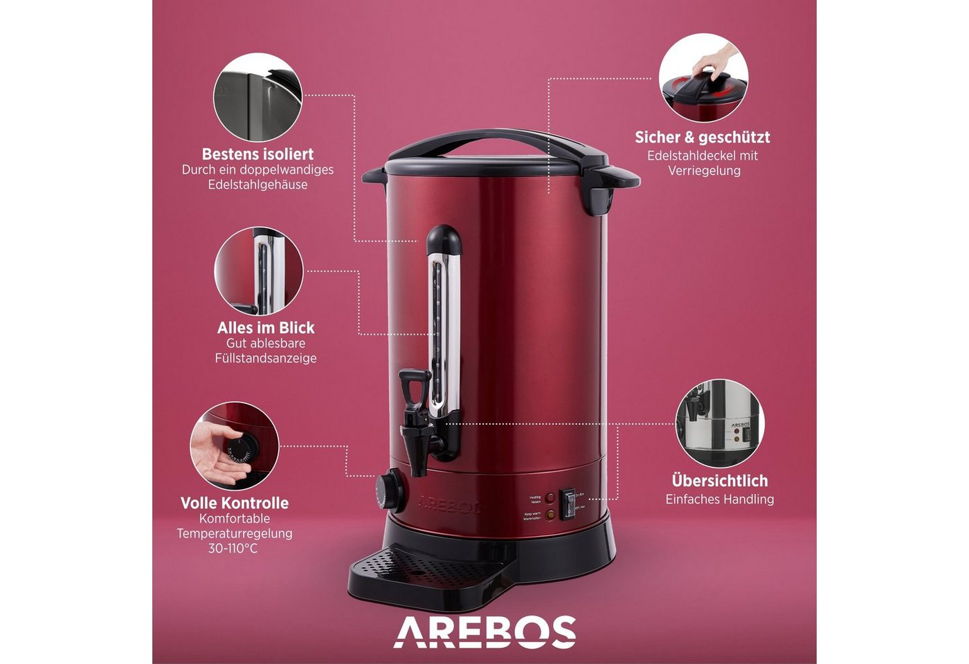 Arebos Einkoch- und Glühweinautomat 20 L, Überhitzungsschutz, Temperatureinstellung 30-110°C, 3 Farben, 1650,00 W Bild 4