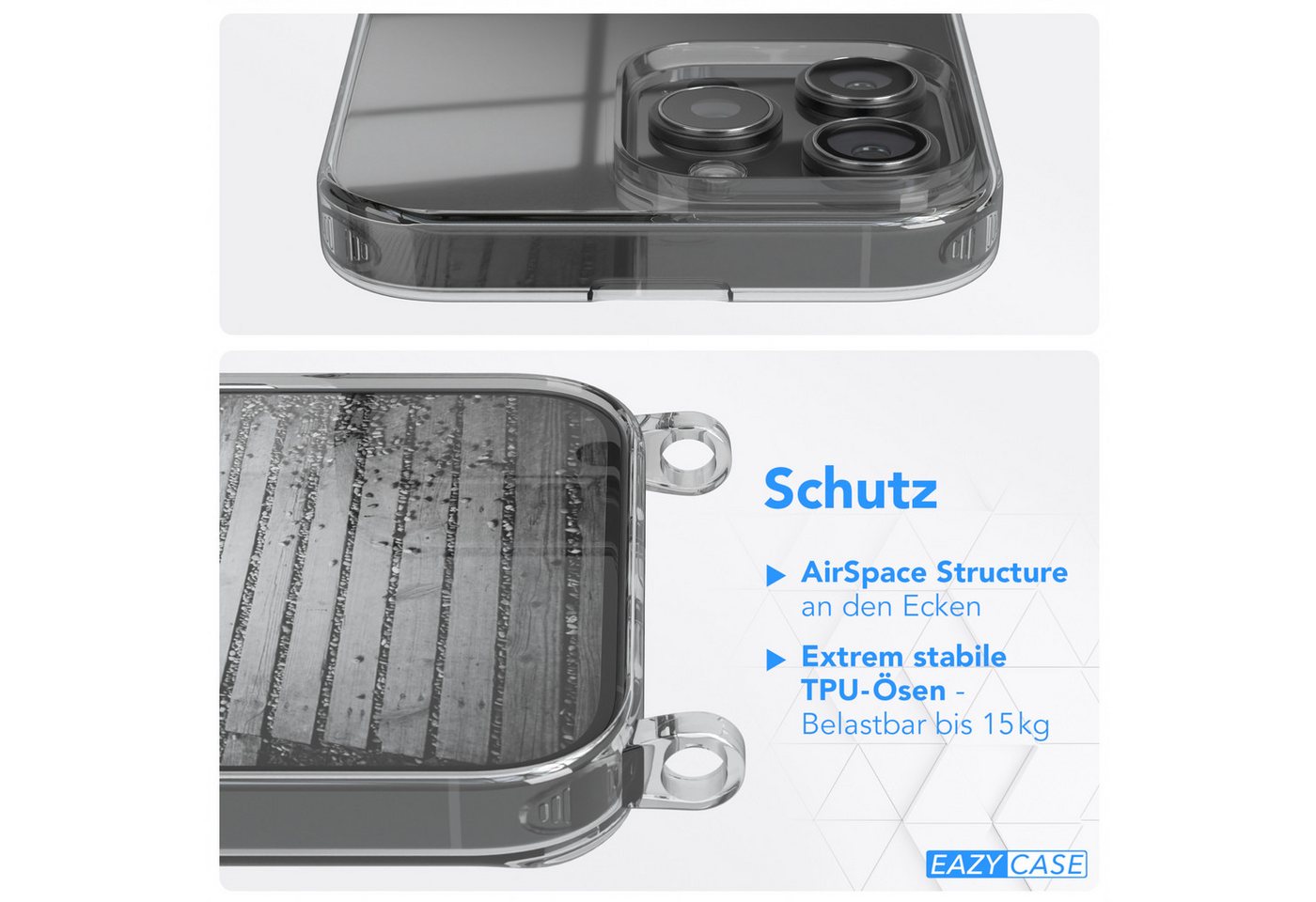 EAZY CASE Handykette Hülle mit Kette für Apple iPhone 16 Pro Max 6,9 Zoll, Hülle mit Umhängeband Bumper Case Hülle mit Band Etui Schwarz Rosé