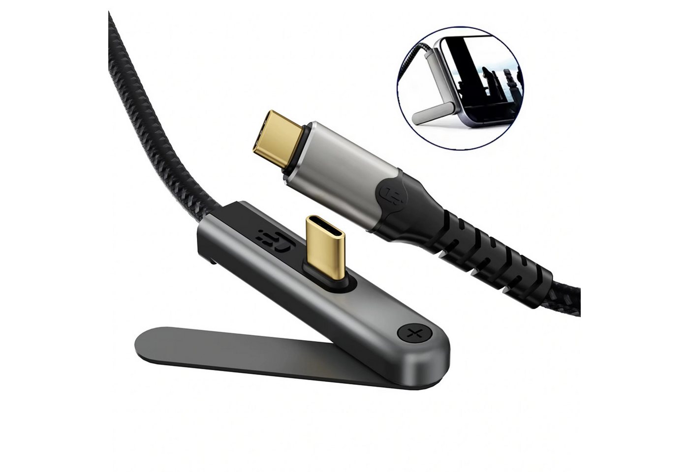 Bolwins E23 USB-C Kabel mit Ständer für Smartphone & Laptop PD 100W 4K USB USB-Kabel, USB-C-Stecker, USB-C-Stecker (200 cm), Klappbarer Standfuß, USB 3.2 20 Gbit/s, 4K 60 Hz, PD 100 W, 2 m Kabel